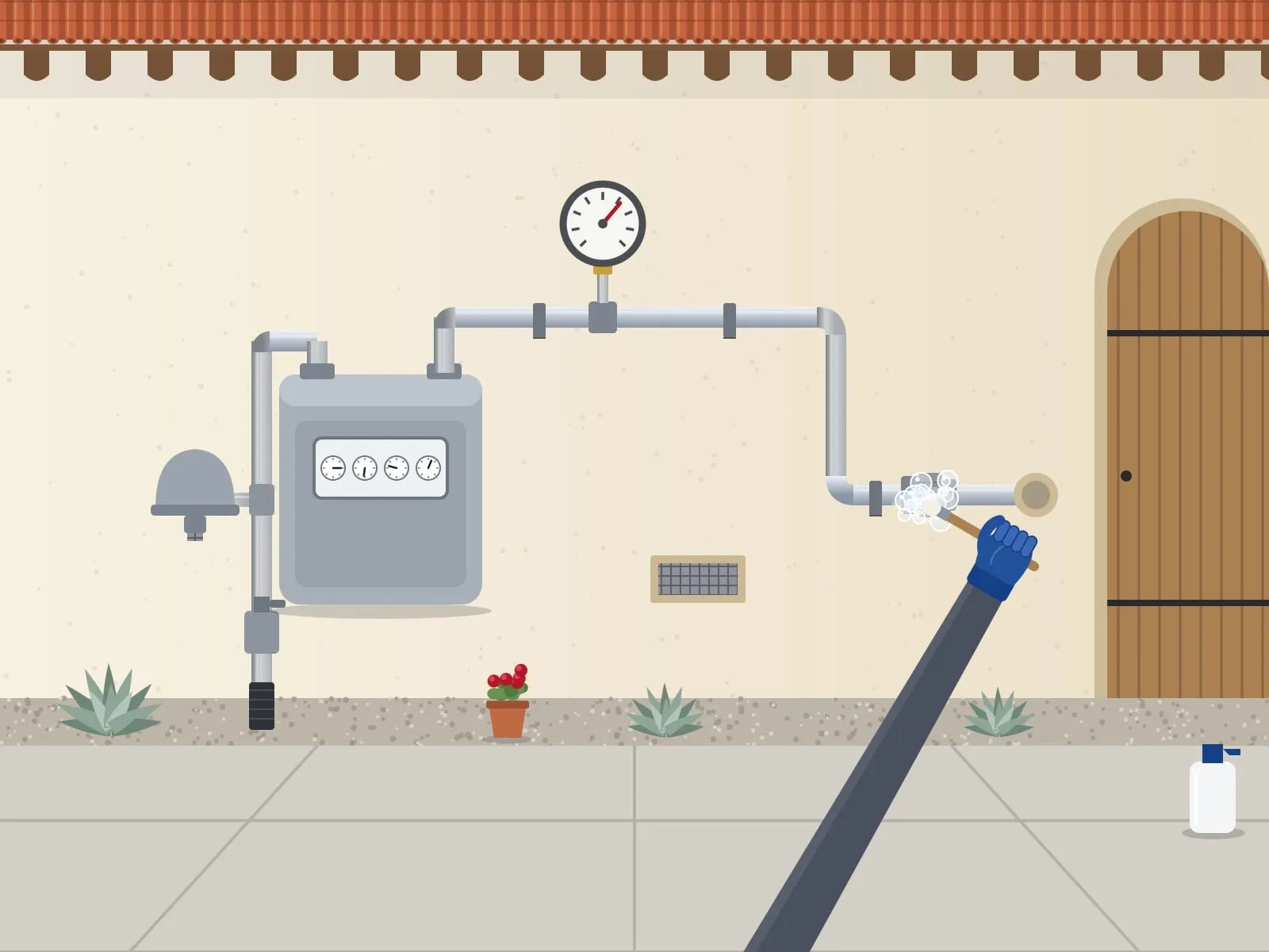 Illustration of a gas meter on a stucco wall, a test gauge on the line and a gloved hand brushing leak solution that bubbles at a union
